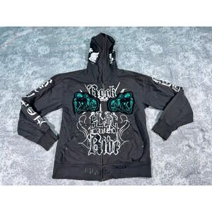 Men's Blue Label Graphic Zip Hoodie Y2K Streetwear Skull Design Jacket